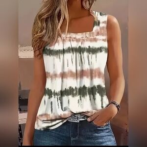 Chic Plus Size Feather Print Tank Top - Flattering Ruched Detail, Casual Square